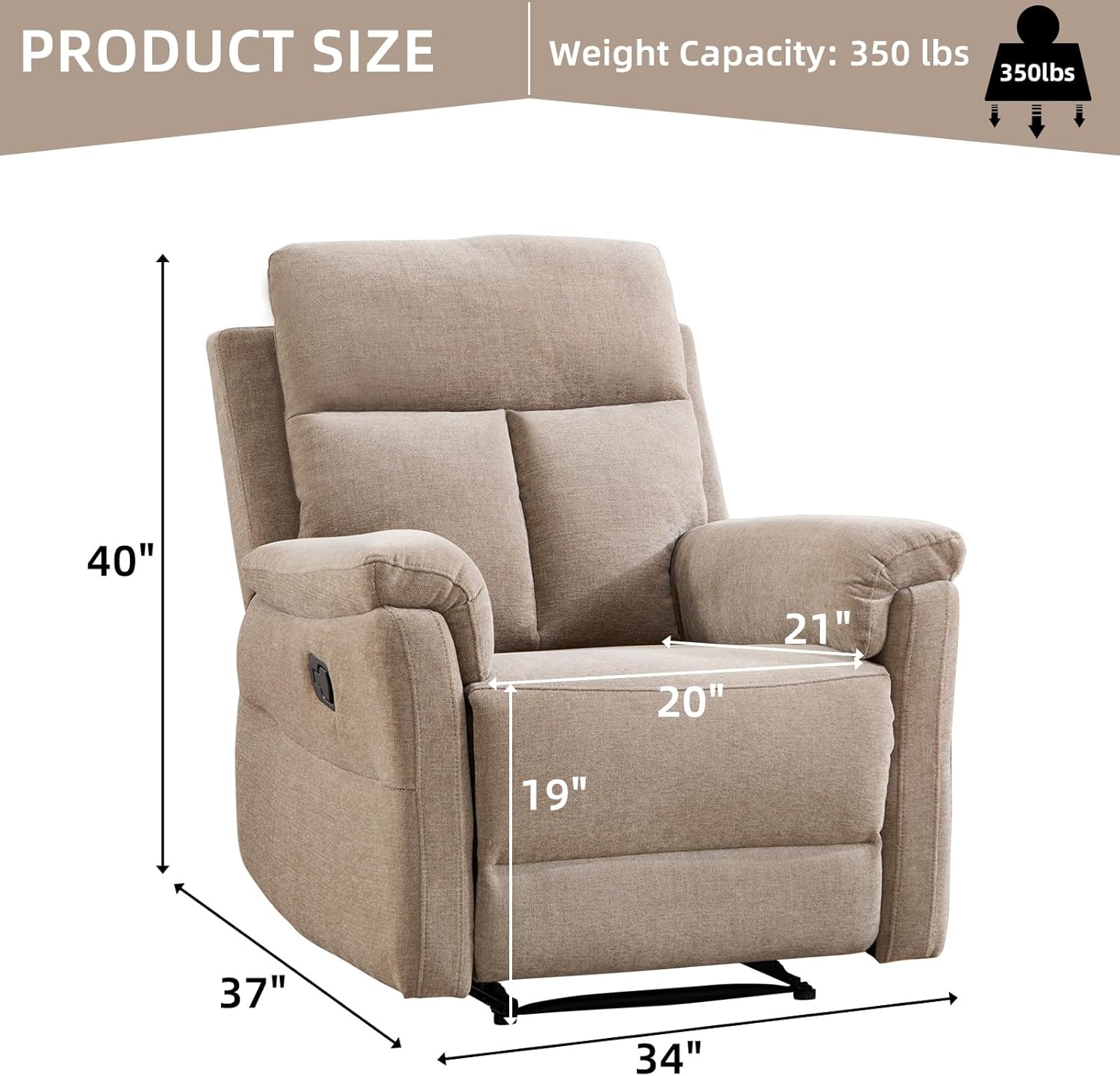 Manual Recliner Chair, Soft Fabric Recliner Chair for Adults with Overstuffed Arms and Back, Single Sofa for Living Room (Camel)