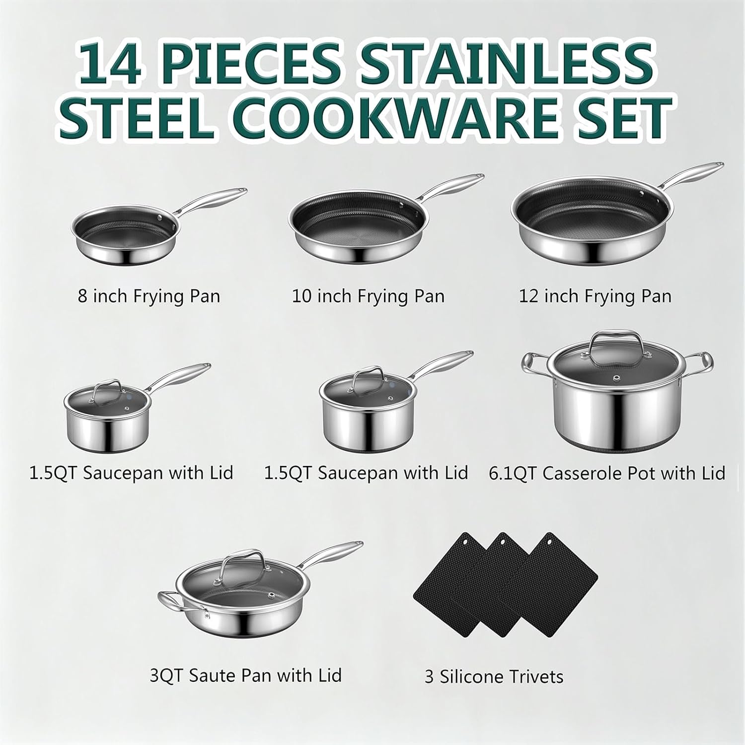 Yoehka 14-Piece Hybrid Stainless Steel Cookware Set, Non-Stick Pots and Pans Set with 3 Silicone Trivets | Induction Compatible Frying Pans, Saucepans, Saute Pan & Stock Pot | Oven Dishwasher Safe