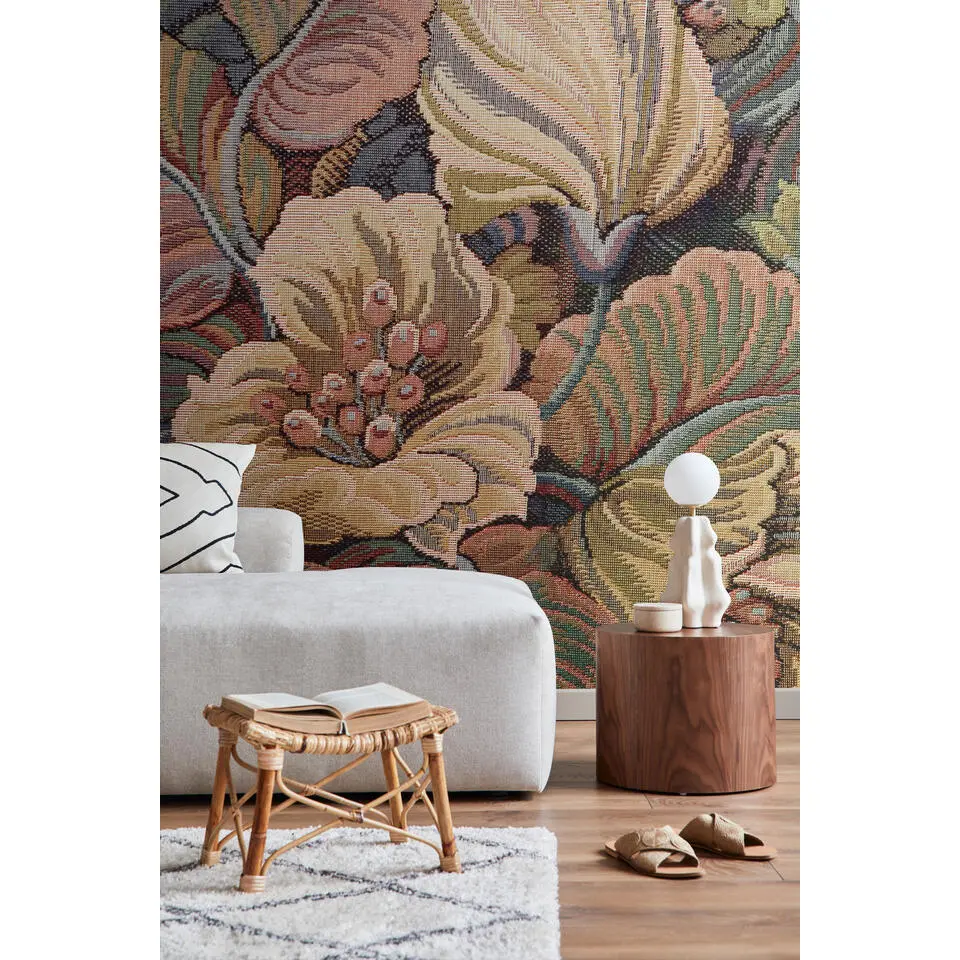 ESTAhome fotobehang geborduurd bloemmotief terracotta roze - 250 x 279 cm