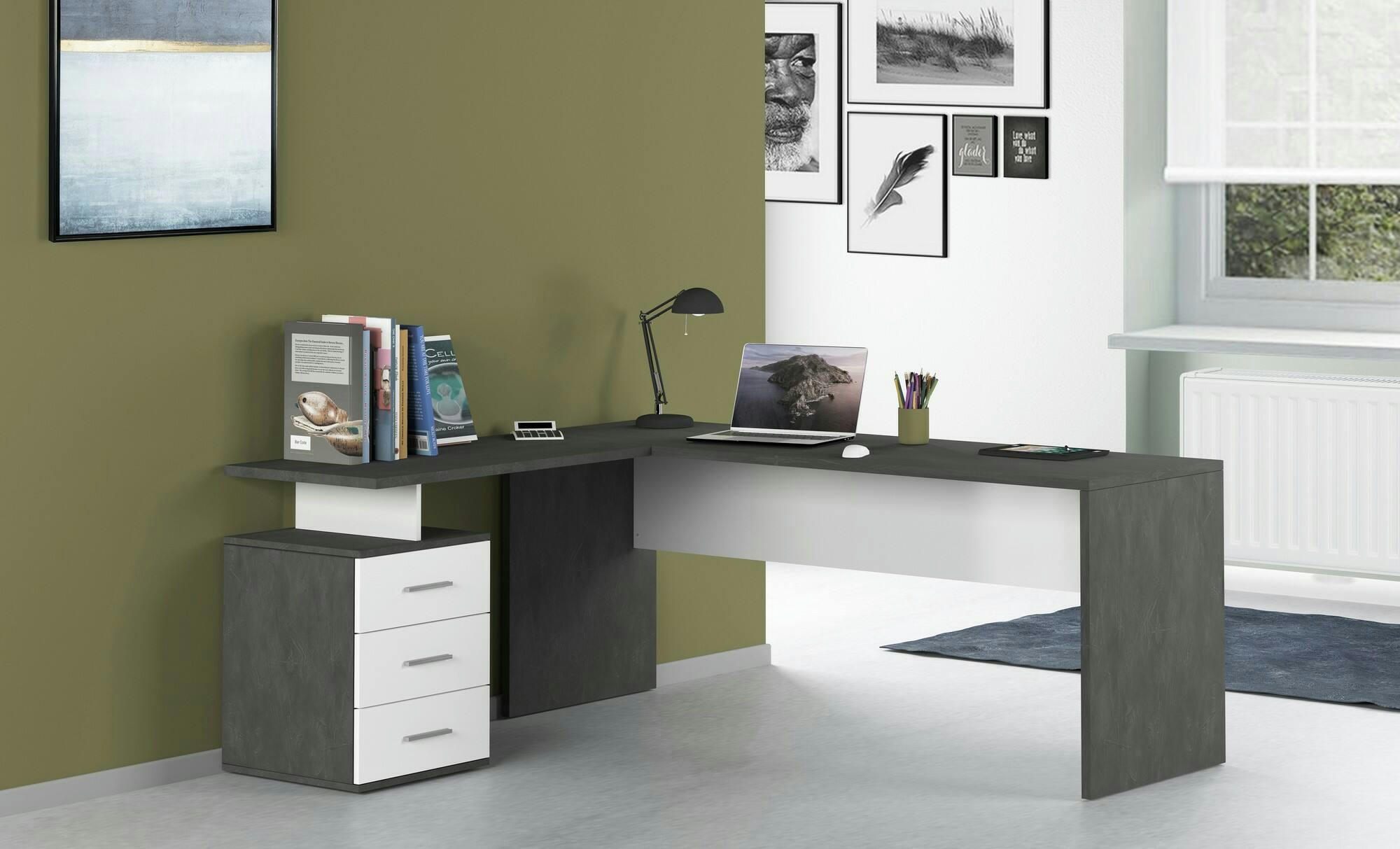 DGUARIN - Bureau effet bois gris cendré et blanc brillant 160x60h75 cm