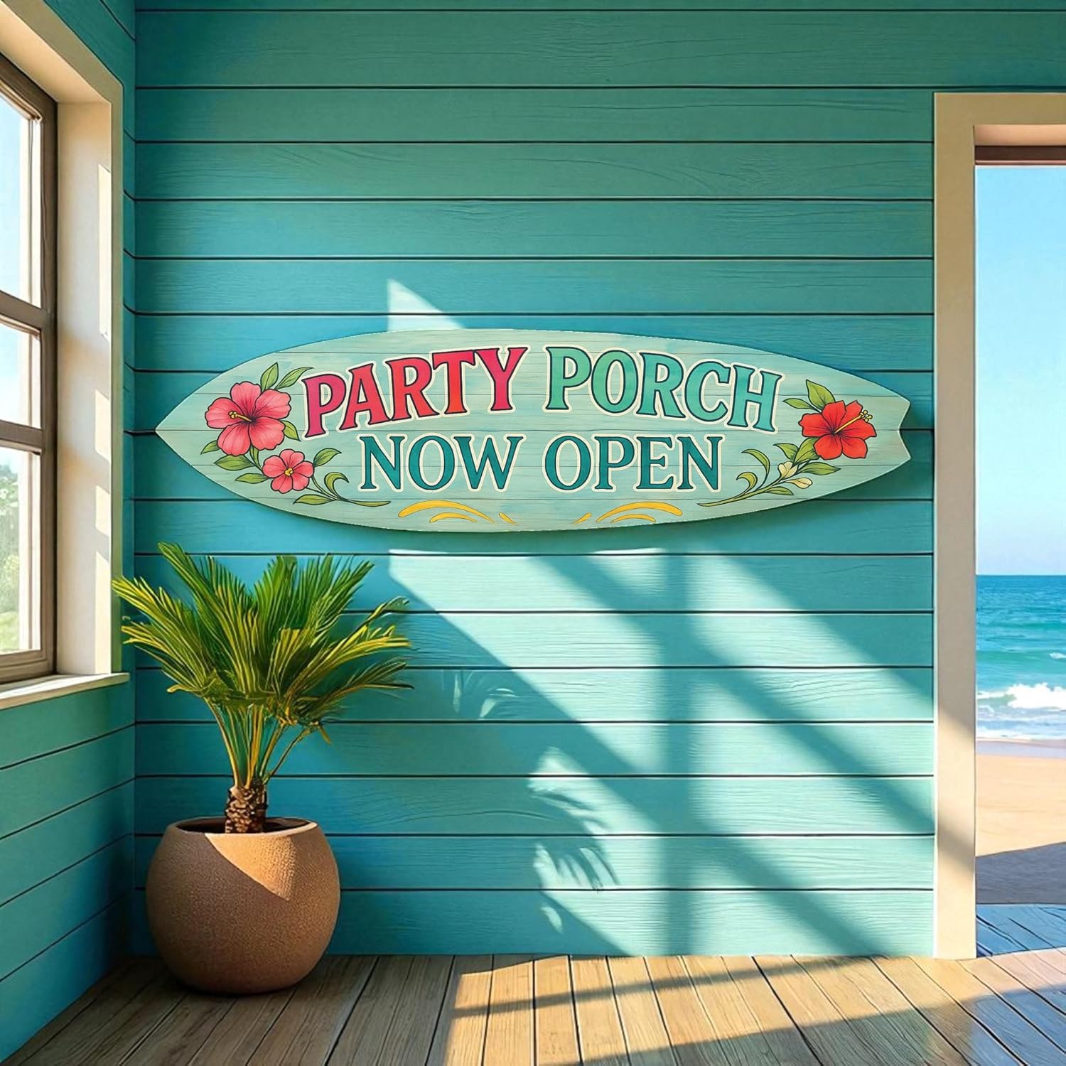 Party Porch Now Open Surfboard Sign – Tropical Hibiscus Outdoor Wall Decor for Porch, Patio, Tiki Bar, or Pool Area – Weatherproof PVC Beach House Decoration (3 Foot)