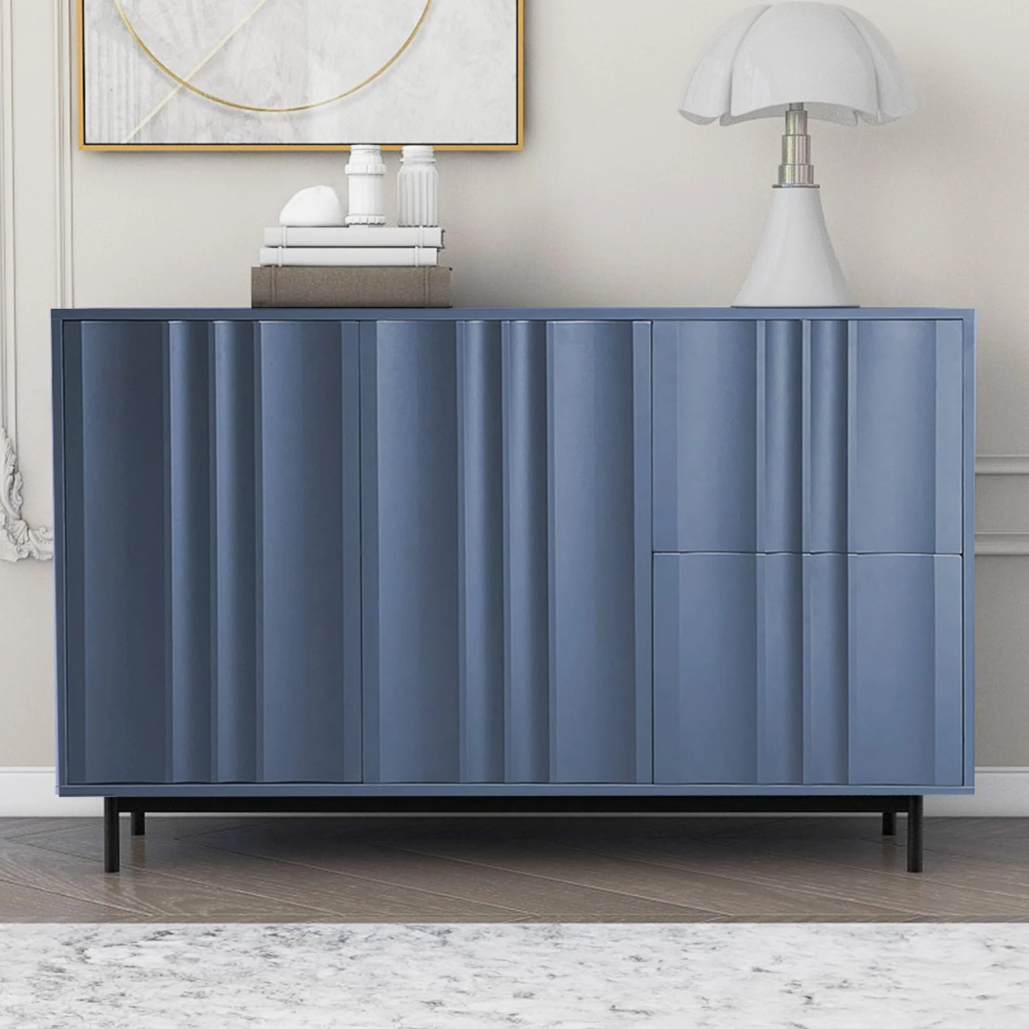 Modern Wave Pattern Storage Cabinet with 2 Doors, 2 Drawers and Adjustable Shelves