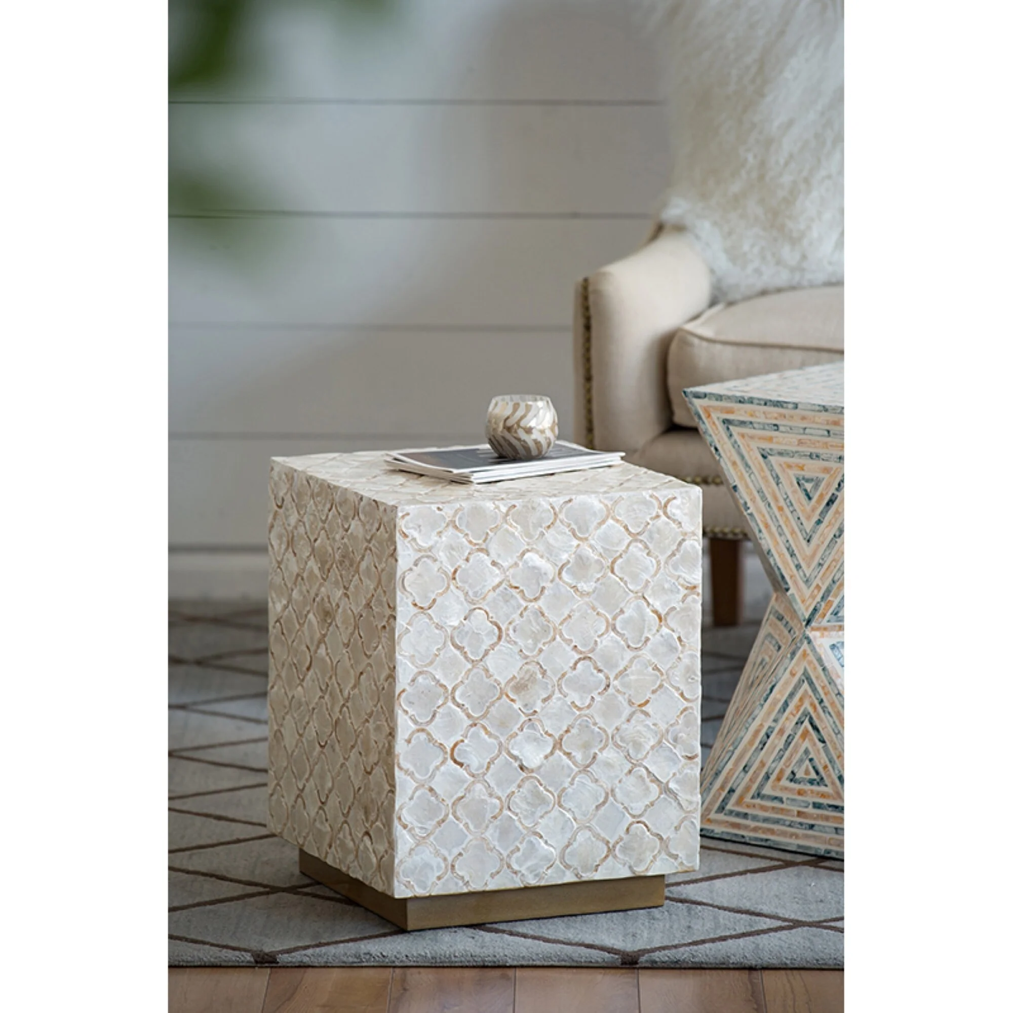 Geometric Ogee Square Capiz Stool - 17.75 - Cream and Gold