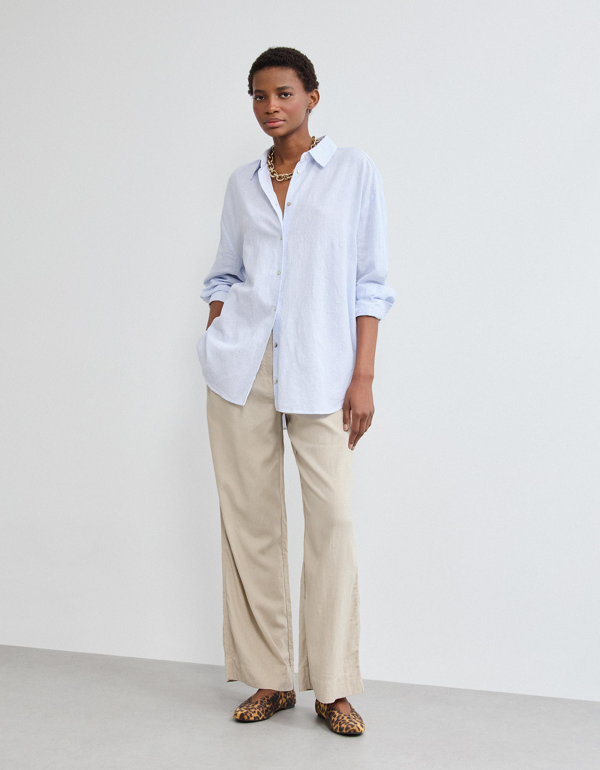 Camisa com Linho, Mulher, Azul