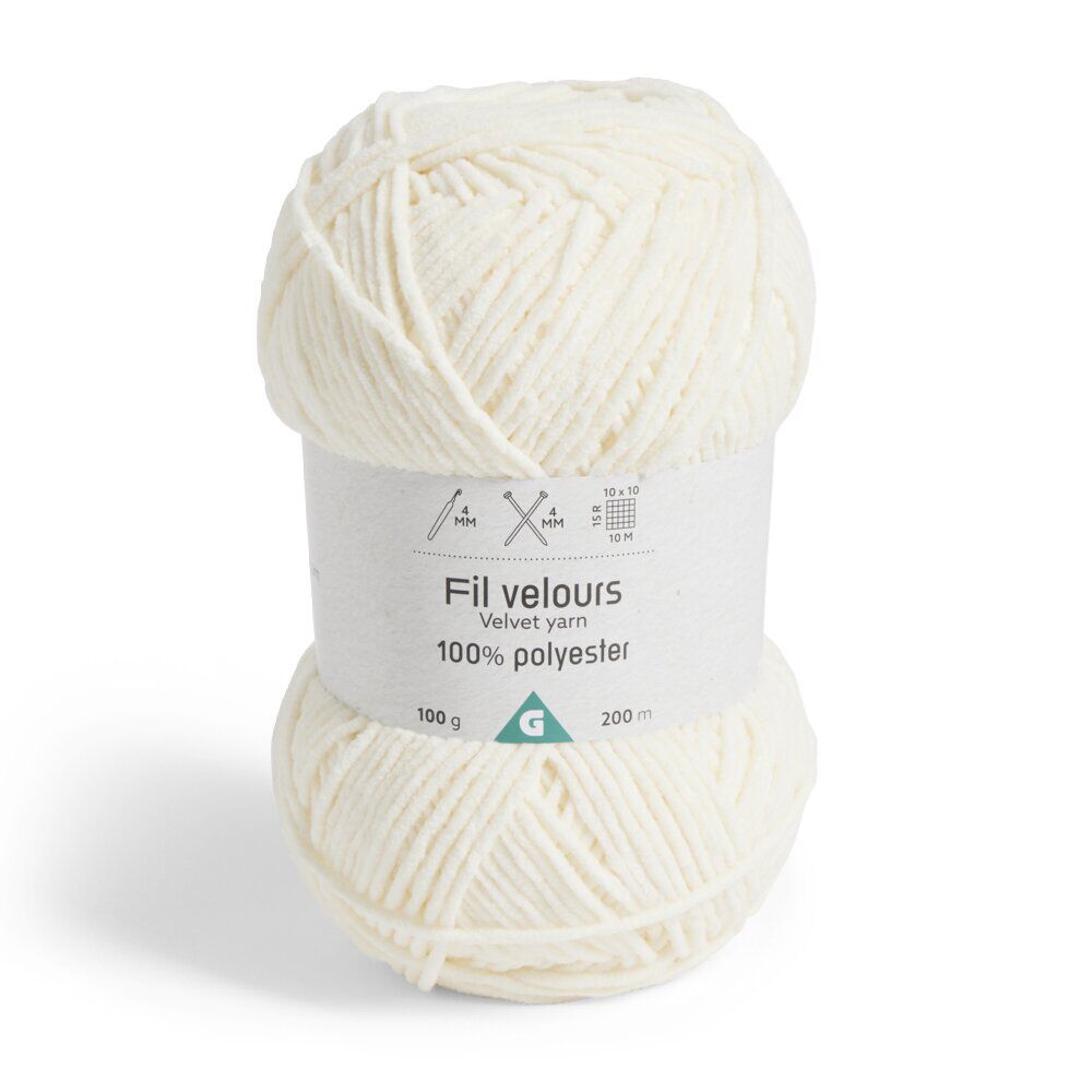 Pelote fil à tricoter 200m effet velours polyester écru 100g