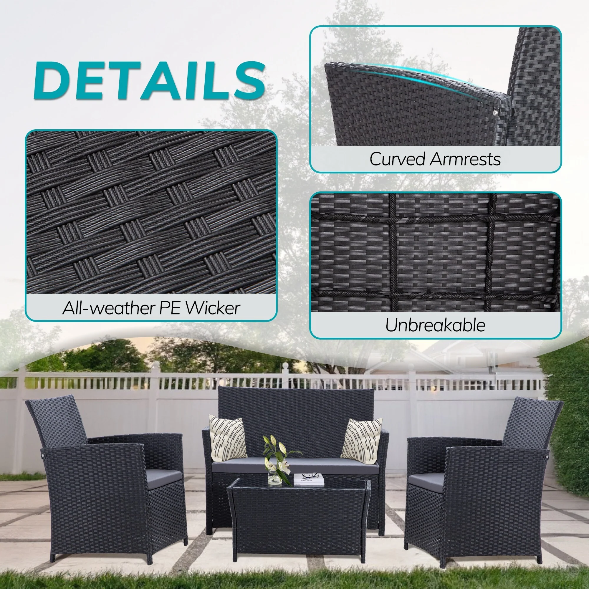 4 Piece Outdoor PE Wicker Furniture Set, Patio Black Rattan Sectional Sofa Couch with Washable Cushions