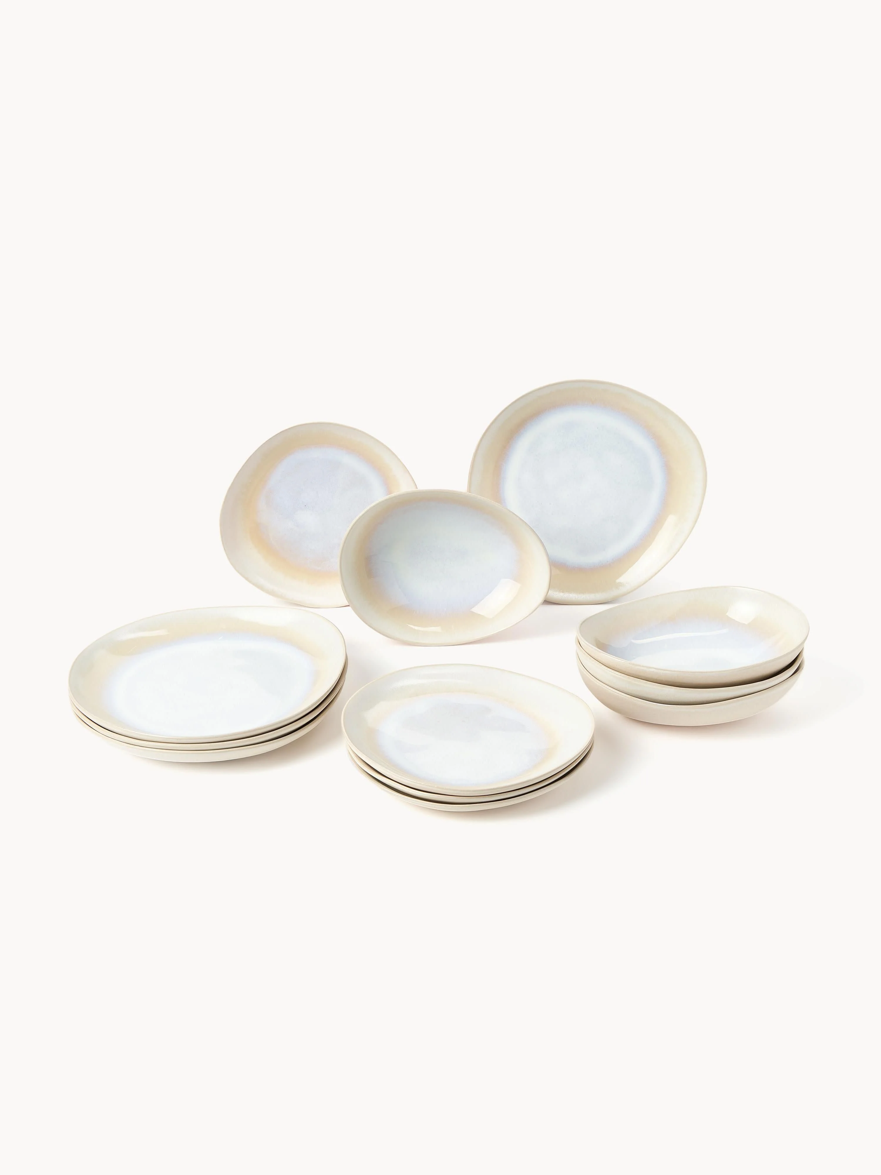 Handgefertigtes Geschirr-Set Alcina mit reaktiver Glasur, 4 Personen, 12er-Set