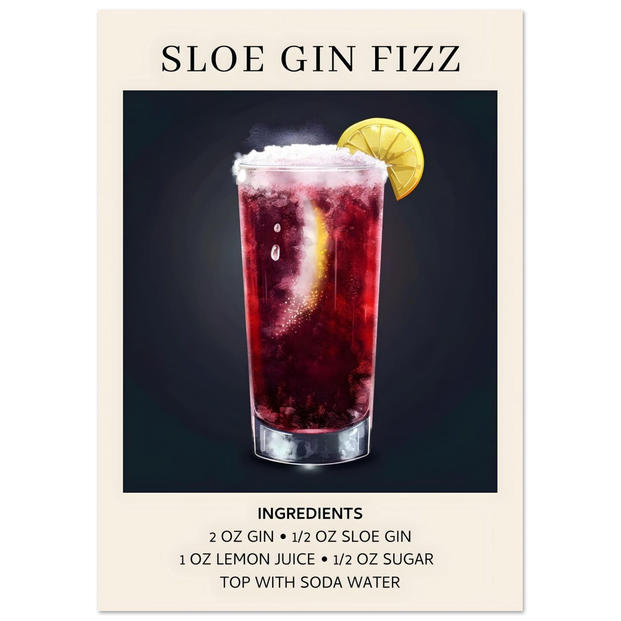 Artfulprints Poster Sloe Gin Fizz cocktail - Ingrediënten  - A4 21x29.7 cm - Zwart