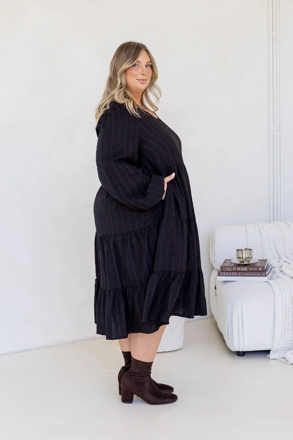 Long Sleeve Greta Midi Dress in Black