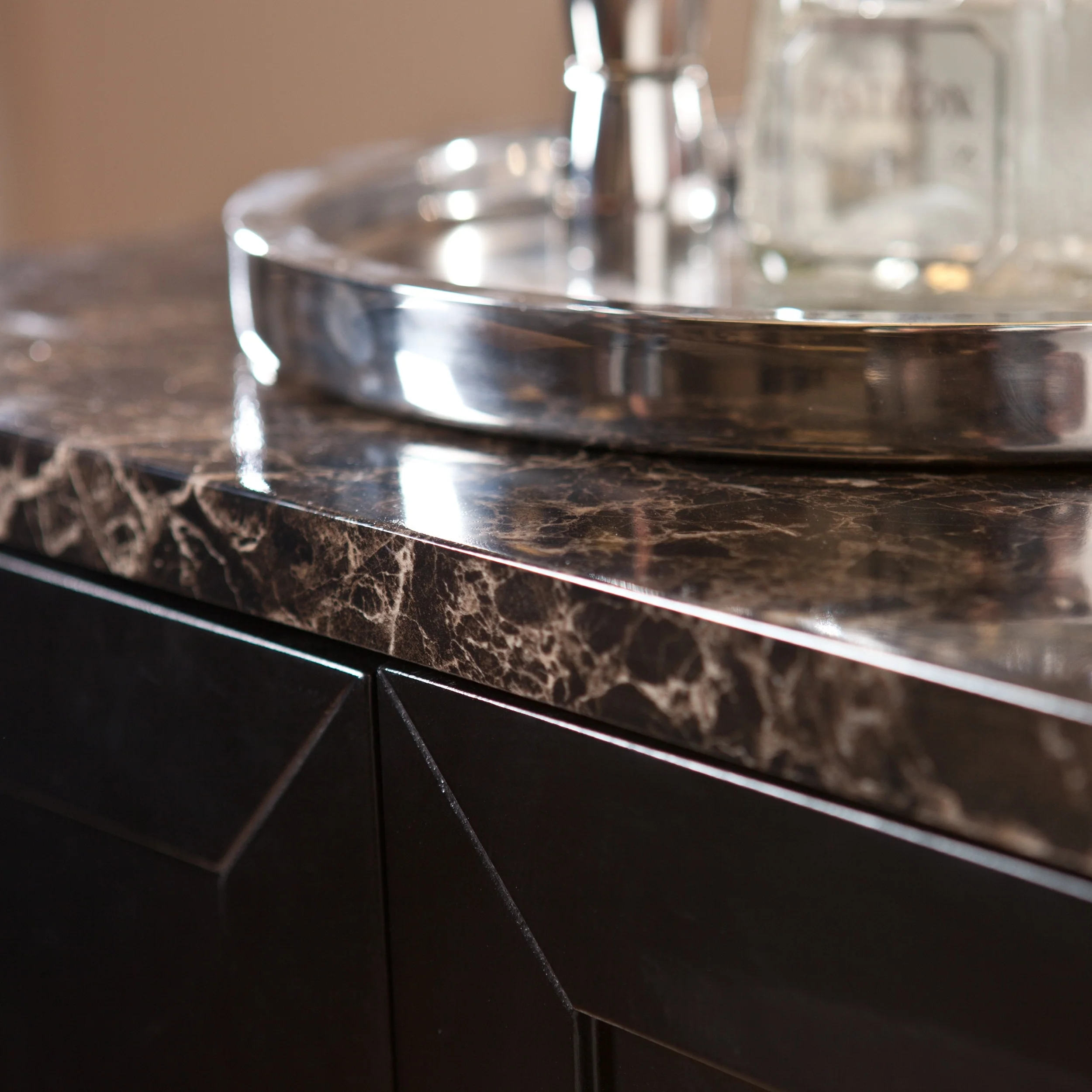 SEI Furniture Cornelia Black Wine Bar Cabinet with Faux Marble Top