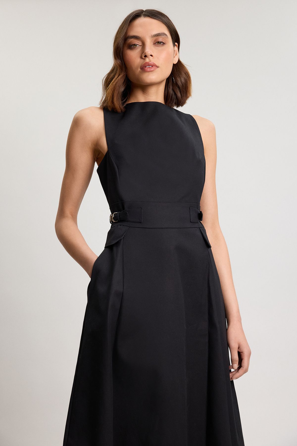 KarenMillen Premium Cotton Tailored Fabric Belted Buckle Midi Dress