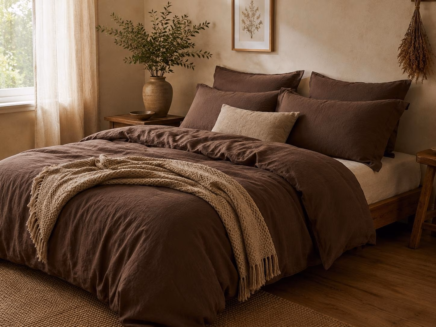 Chocolate Brown Stonewashed Linen Duvet Cover Set, Farmhouse Bedroom Decor