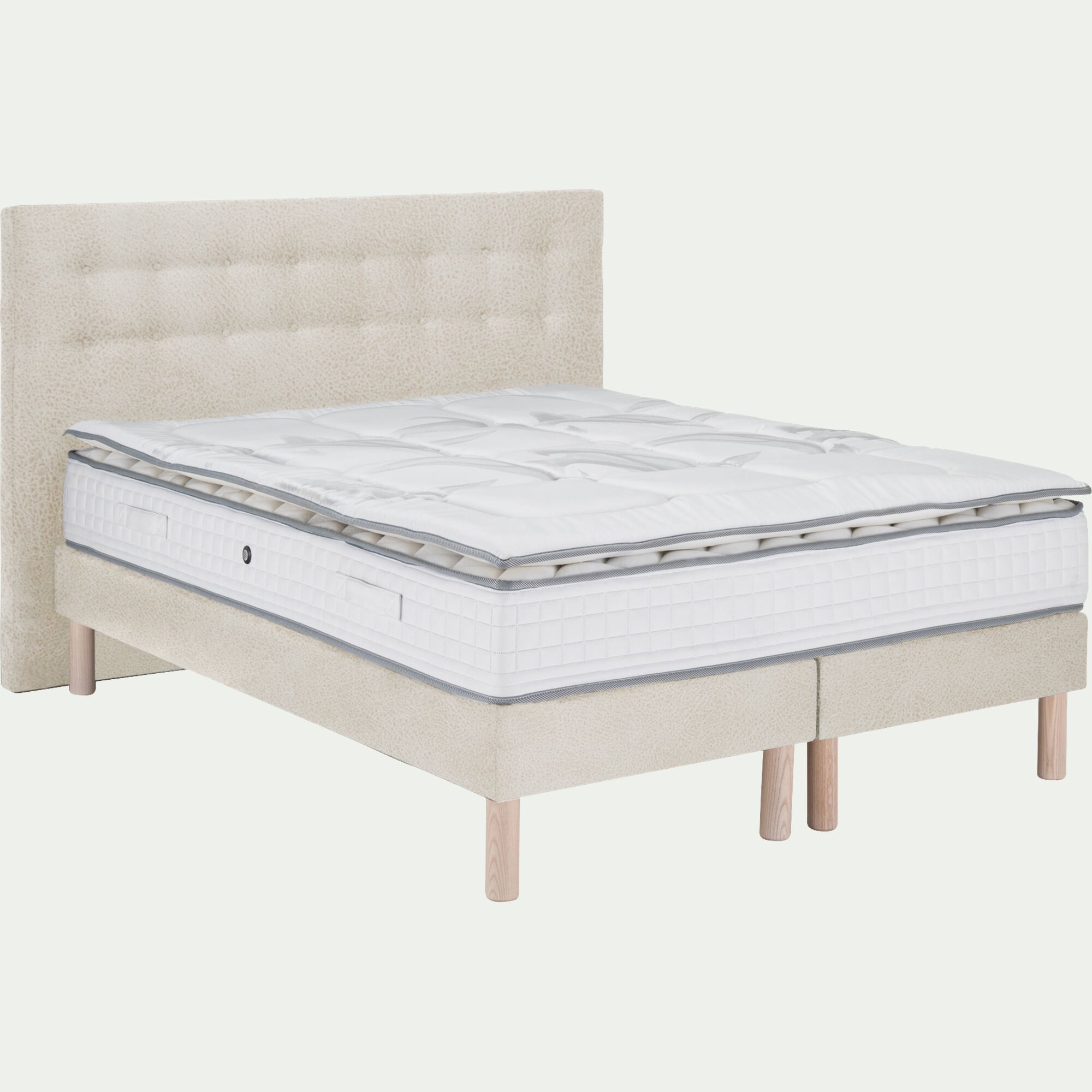 SEILLANS - Ensemble matelas et sommier avec tête de lit en tissu aspect cuir souple - beige 200x200cm