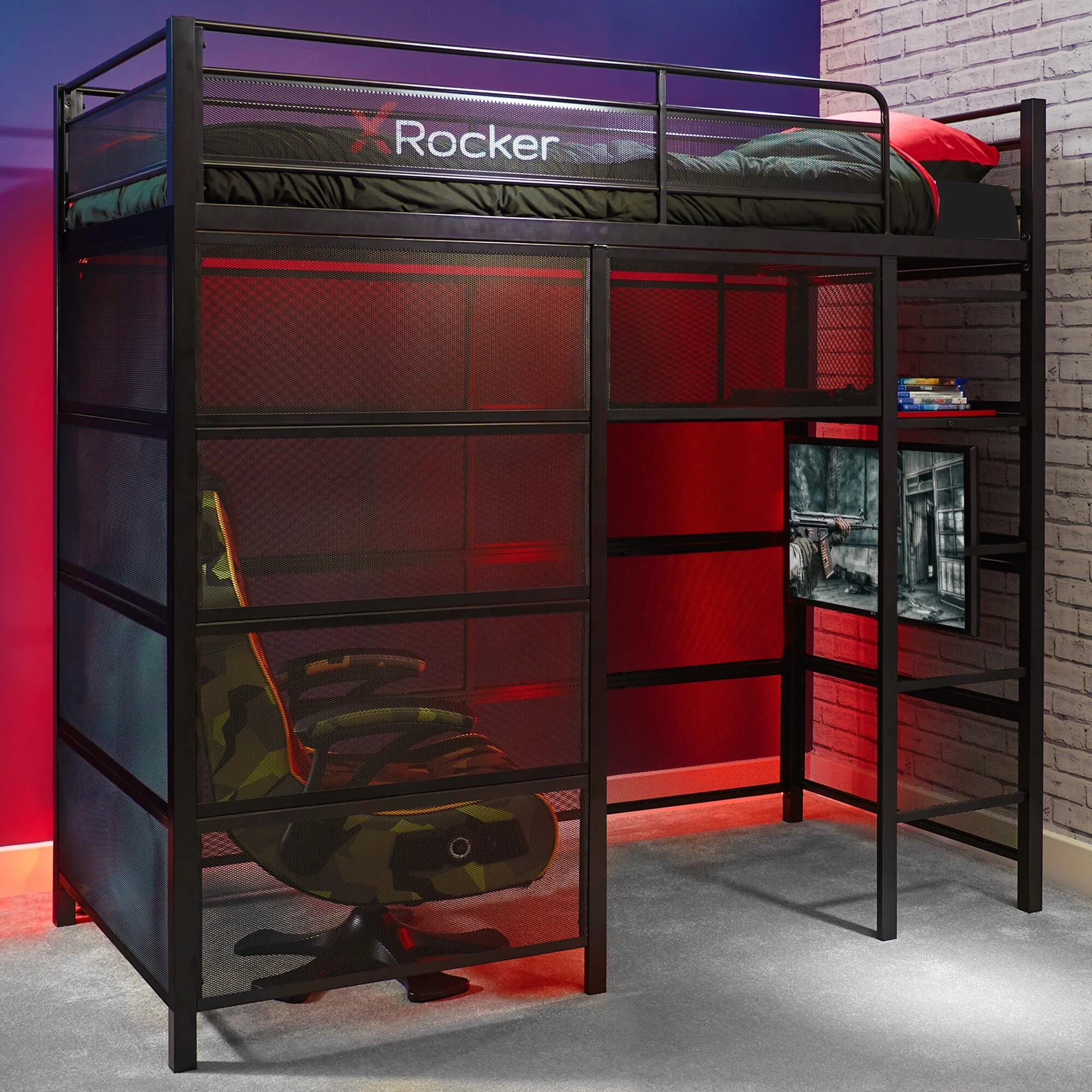 X Rocker Battle Den Gaming Bunk Bed with TV Mount, Twin, Black