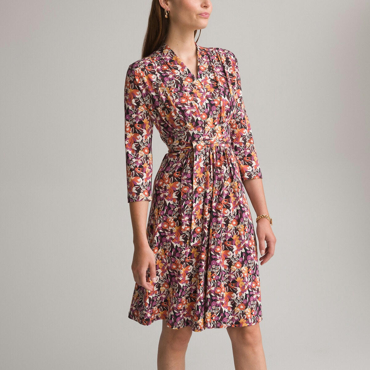 Robe évasée imprimée, mi-longue, manches 3/4