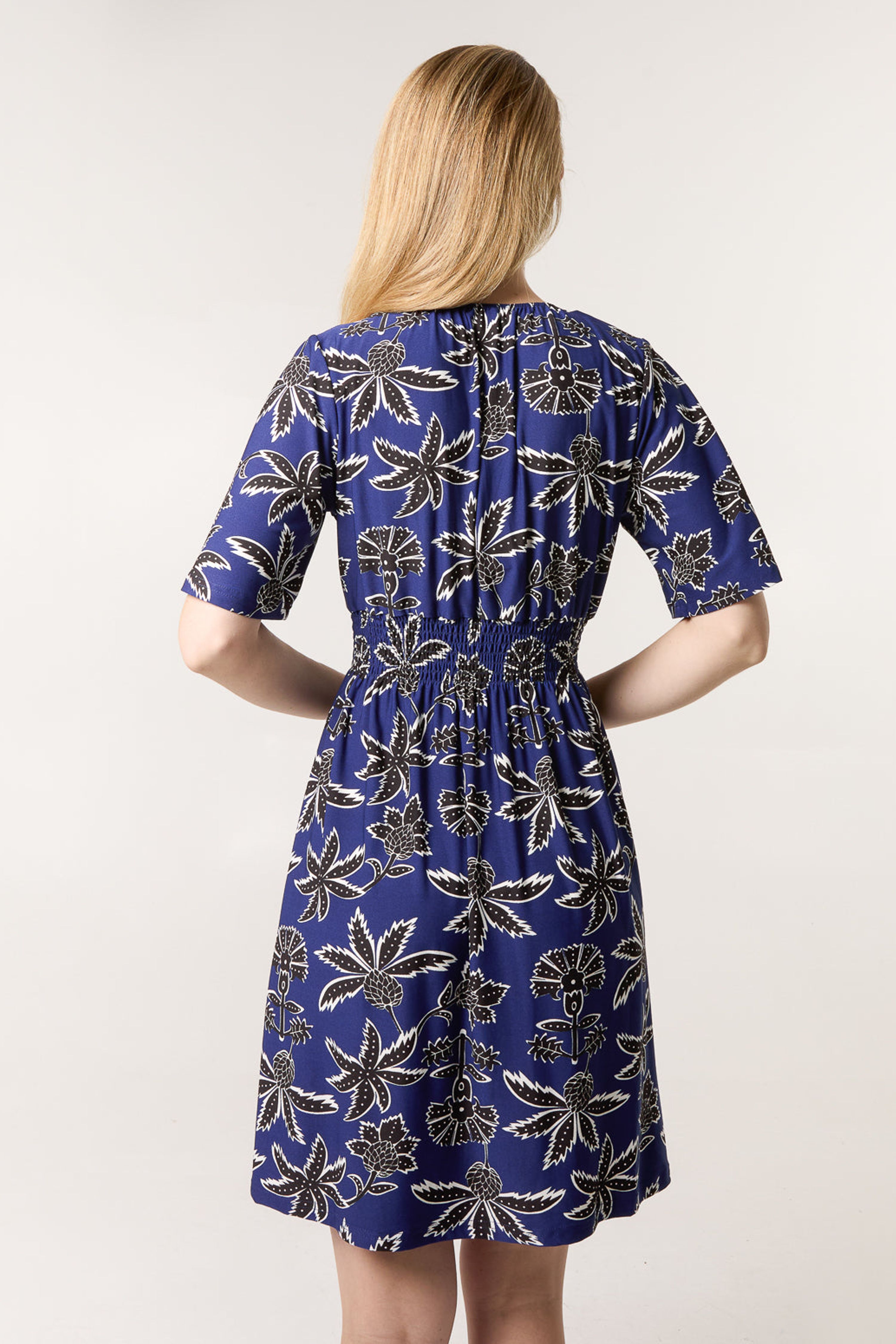 Blue Vanilla Navy Shirred Waist Beaded V Neck Mini Dress