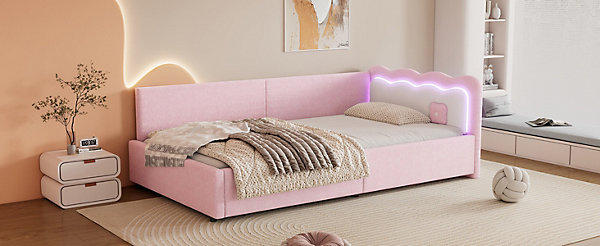 Lit Simple 90x200cm, Canapé-Lit avec Tiroirs, LED Ambiant, Rosa