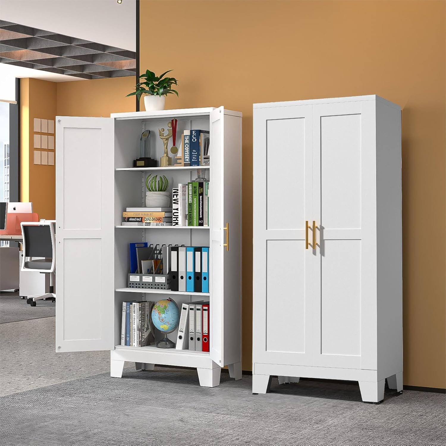 White Metal Storage Cabinet, 61 Steel Cabinets for Home Office, Kitchen Pantry Storage Cabinet with Doors and 3 Adjustable Shelves, Tool Cabinet, for Office, Home, Garage, School
