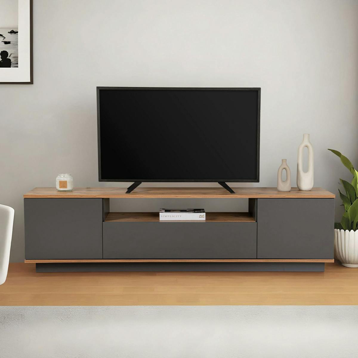 Meuble TV moderne 3 portes gris foncé et effet pin MARFA