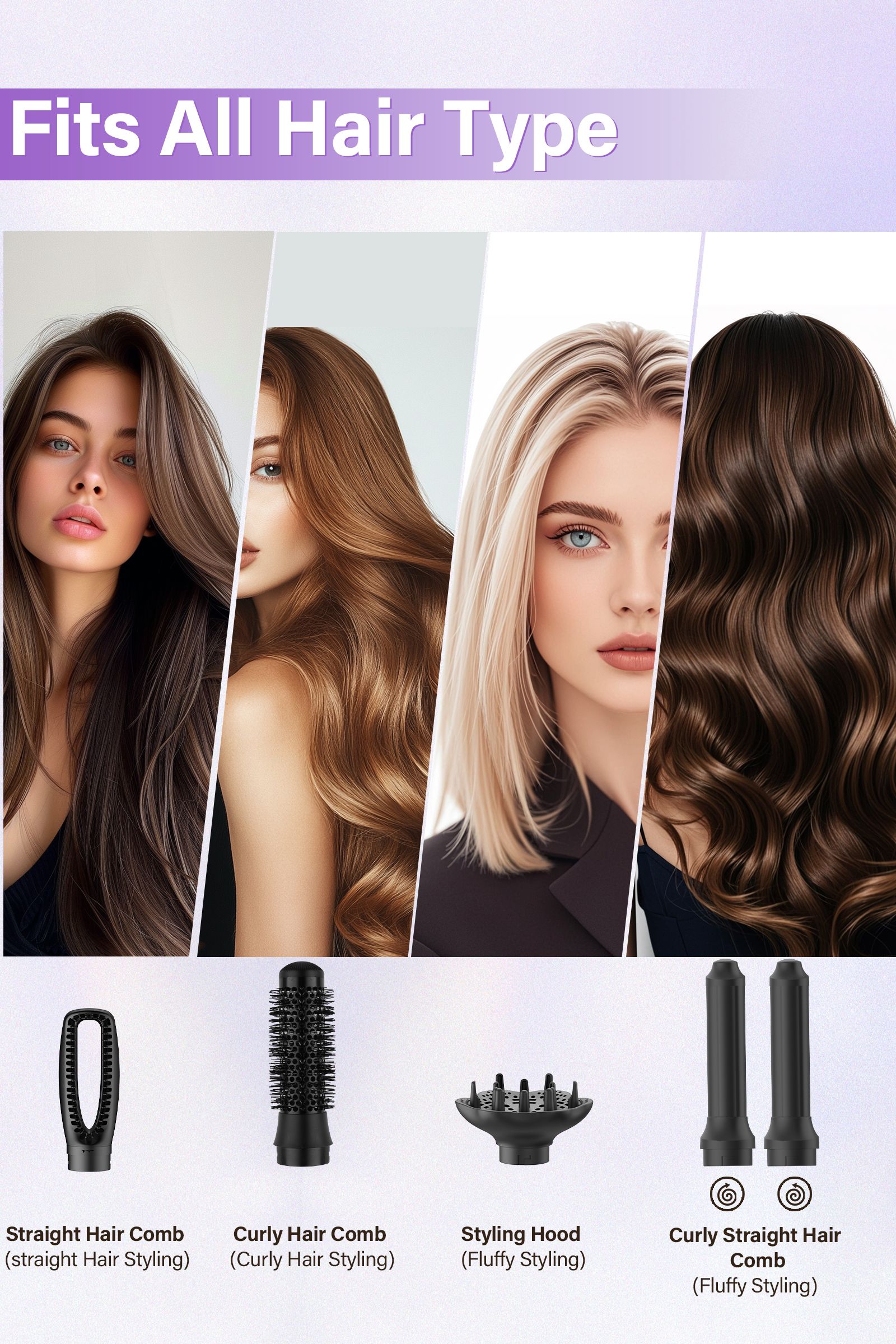 INMTFEI Set 5 in 1 Hot Air Brush Dryer Curling Styler Interchangeable Heads Grey