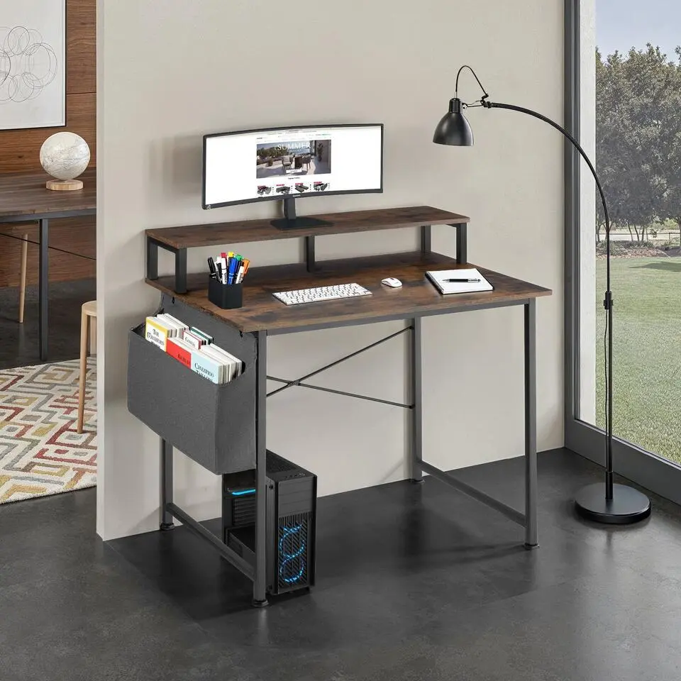 tectake Bureau met plank en organizer, Industrieel Hout Donker, Rustiek