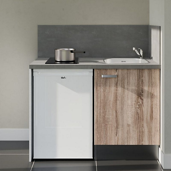 Kitchenette K08 façades Bois - Plan de travail Gris béton - Crédences : Oui - Evier inox - Electroménager Blanc inclus