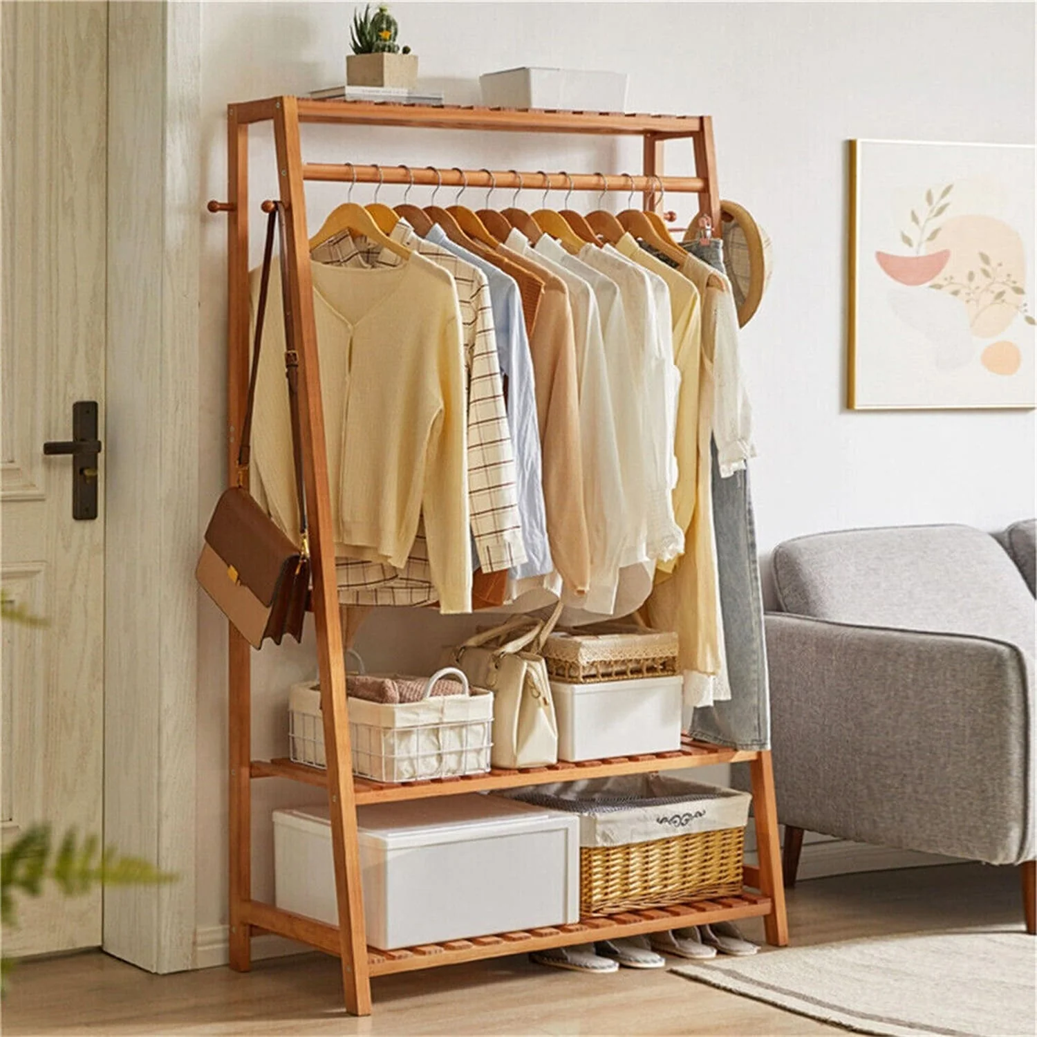 Bamboo Garment Coat Clothes Hanging Heavy Duty Rack with Top Shelf - 31 in. x 65 in.x 17 in.