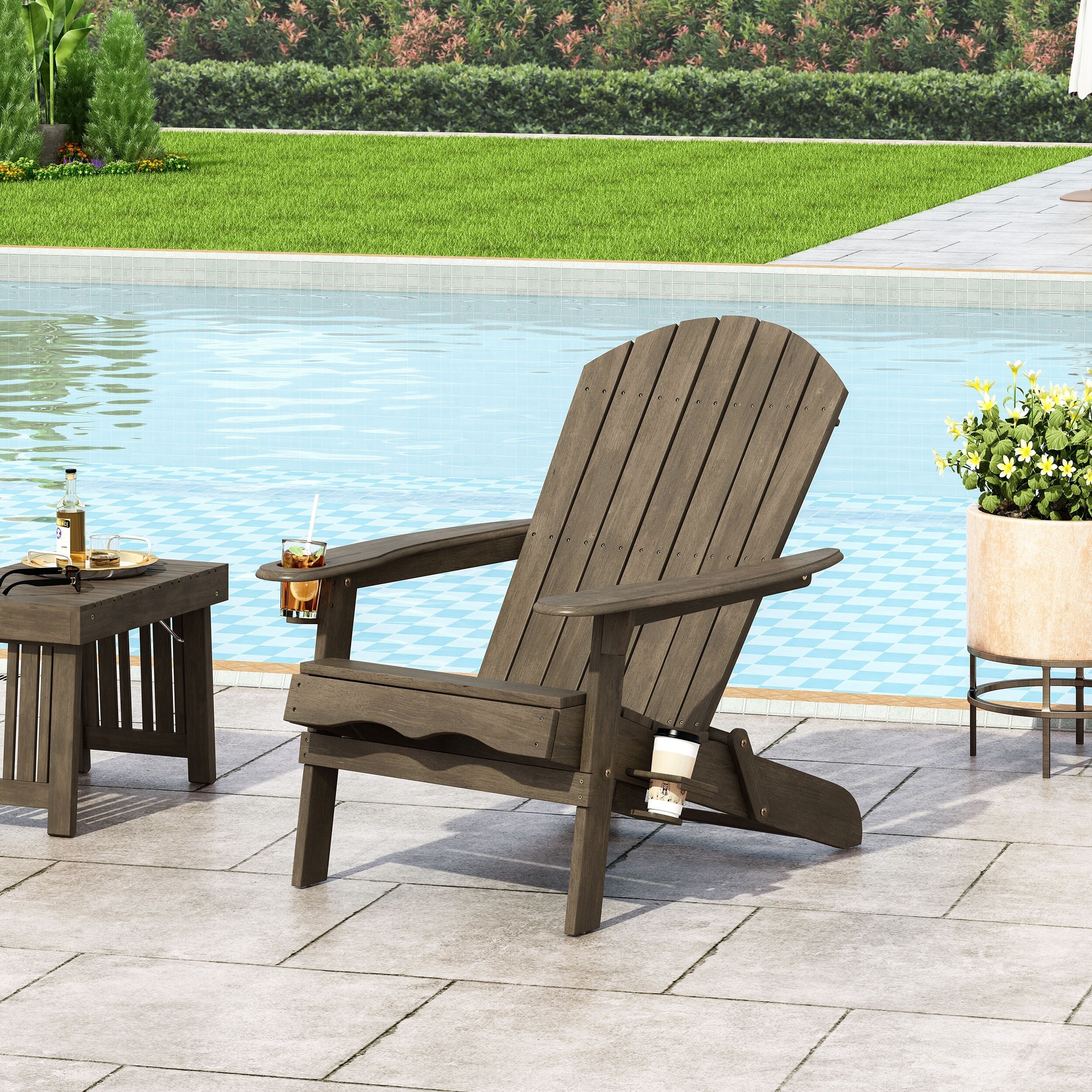 Roomfitters Adirondack Folding Patio Chair with Built-In Cup Holders, Weather-Resistant Outdoor Lounger