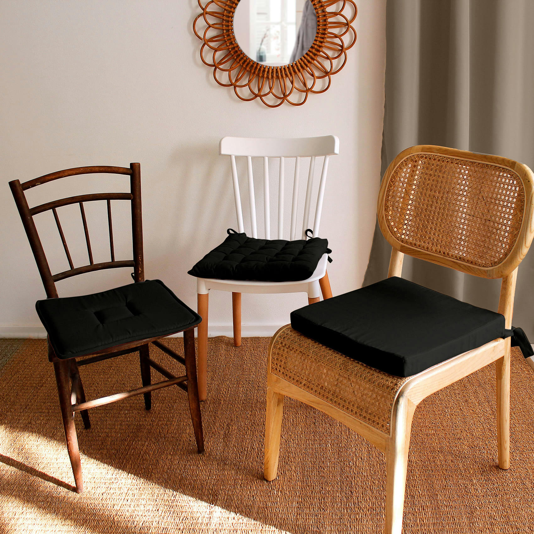 - Galette de chaise piquée en coton Noir 40x40cm