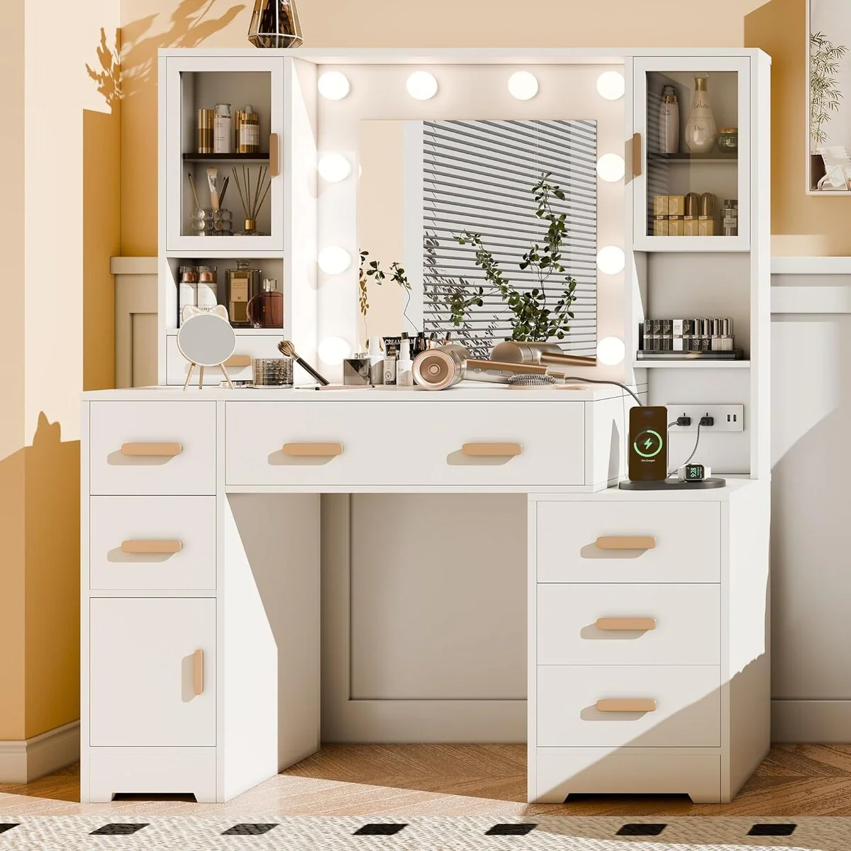 49 Large Vanity Desk with Mirror and Lights and Charging Station with 7 Drawers & 3 Cabinets