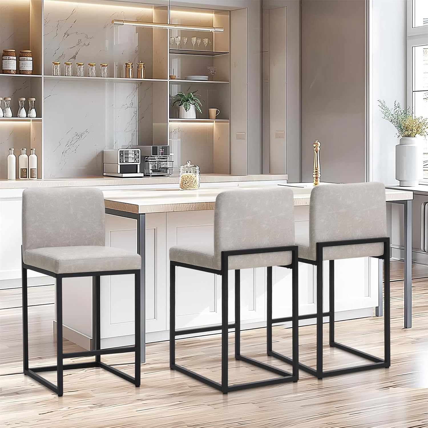 Sophia & William Light Grey Bar Stools Set of 3, Modern PU Leather Counter Height Barstools with Back, 24 Kitchen Island Bar Chairs