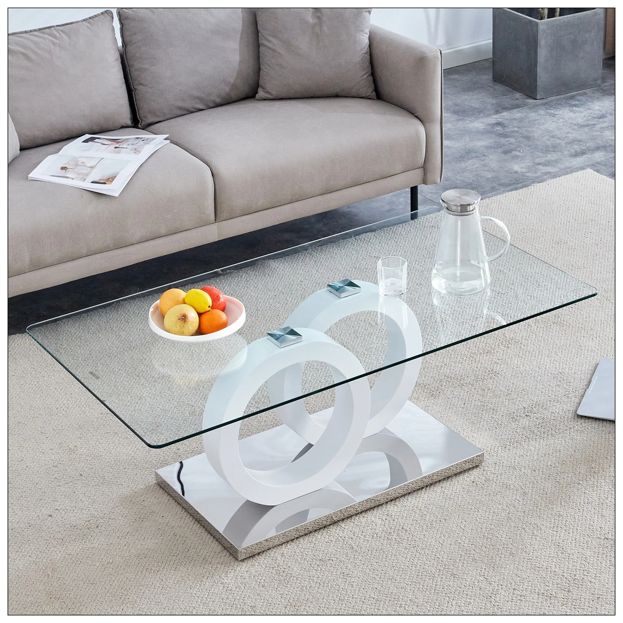 Contemporary Style Glass-Top MDF Coffee Table with White Base