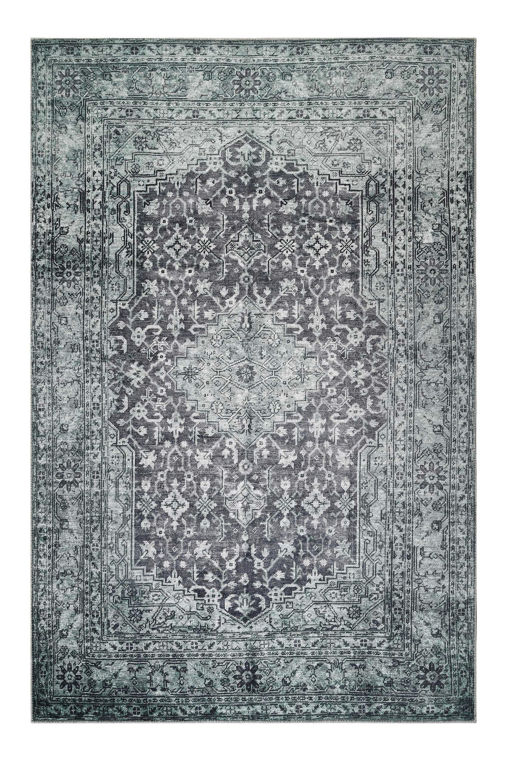 2ND AVENUE - Tapis plat vintage motif classique effet usé gris et vert 140x200