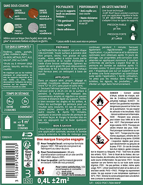 Bombe de peinture extérieure bois, fer, plastique beige argile satin V33 Easy Rénovation 400 ml