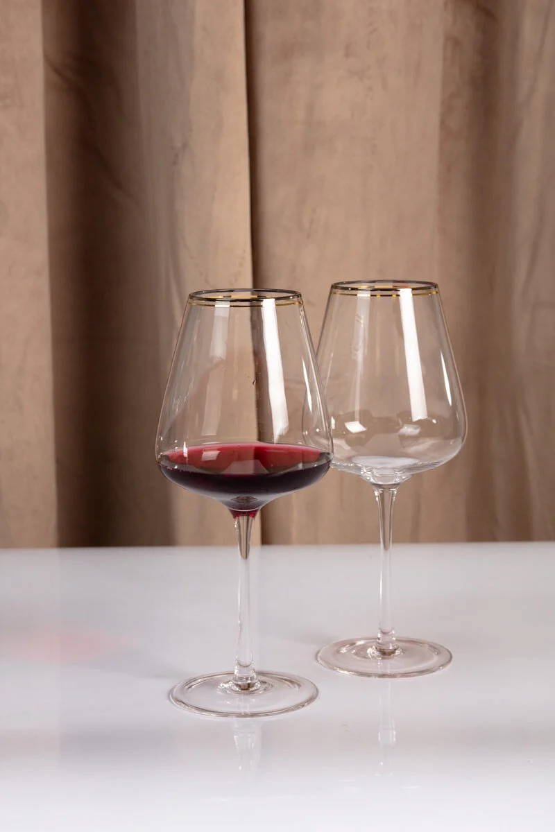 Set Of 2 Red Wine Glass with Silver & Gold Rim