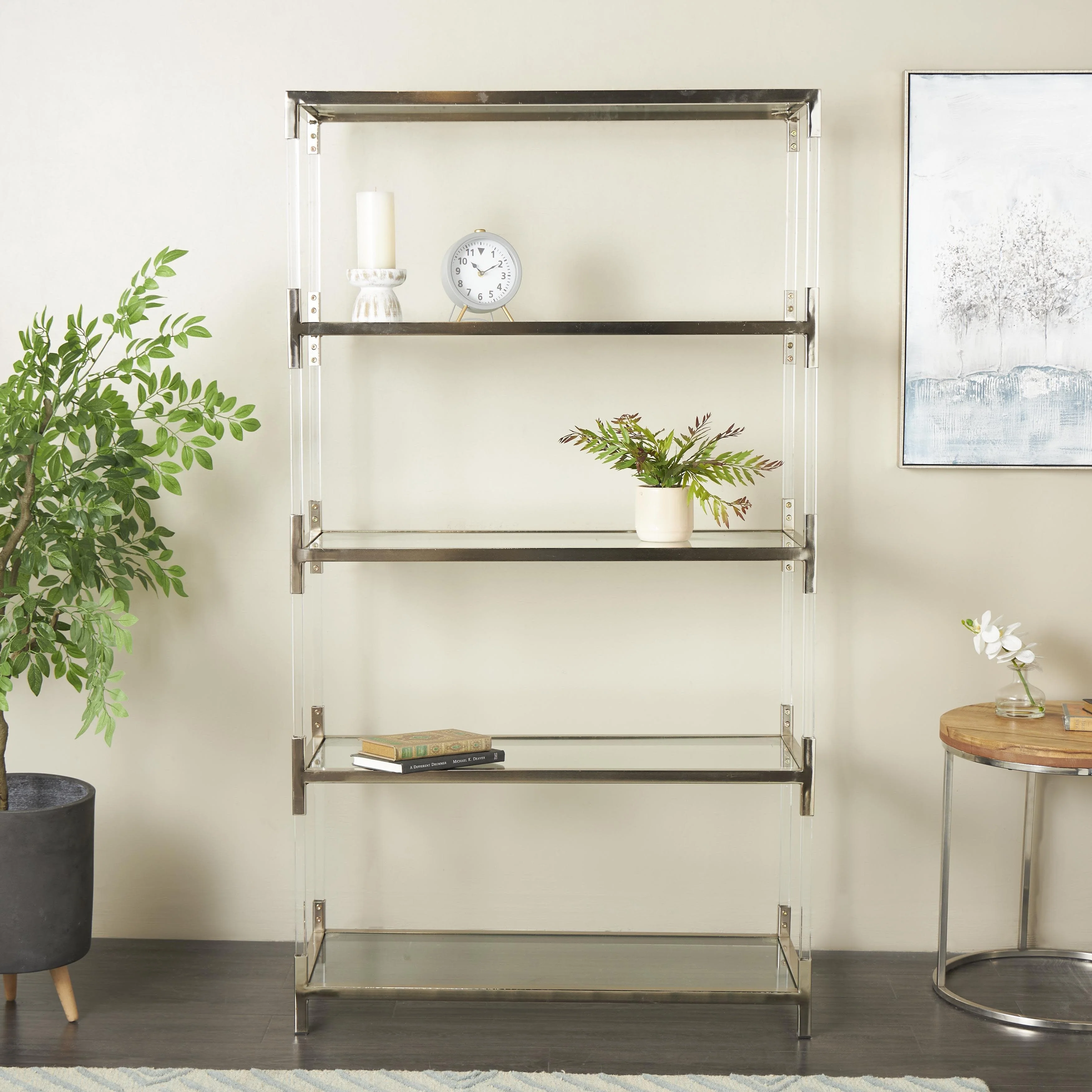 Acrylic Plastic Rectangle 5 Tier Shelving Unit with Silver Frame Supports - Clear - Roche River Decor
