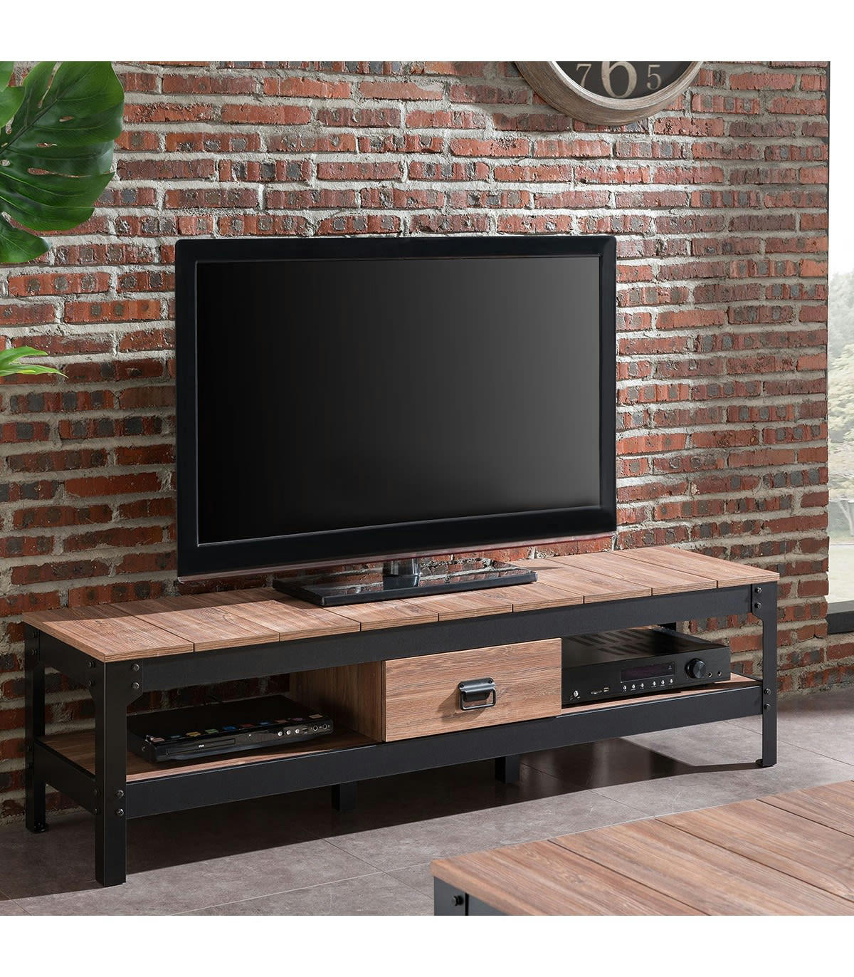 - Meuble TV avec 2 niches et 1 tiroir décor vieux chêne - L151 cm