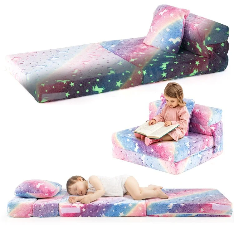 Flannel Kids Sofa Bed with Glow Patterns and Foldable Lounger Design - Mattress: 66 × 26 × 4 (L × W × H)