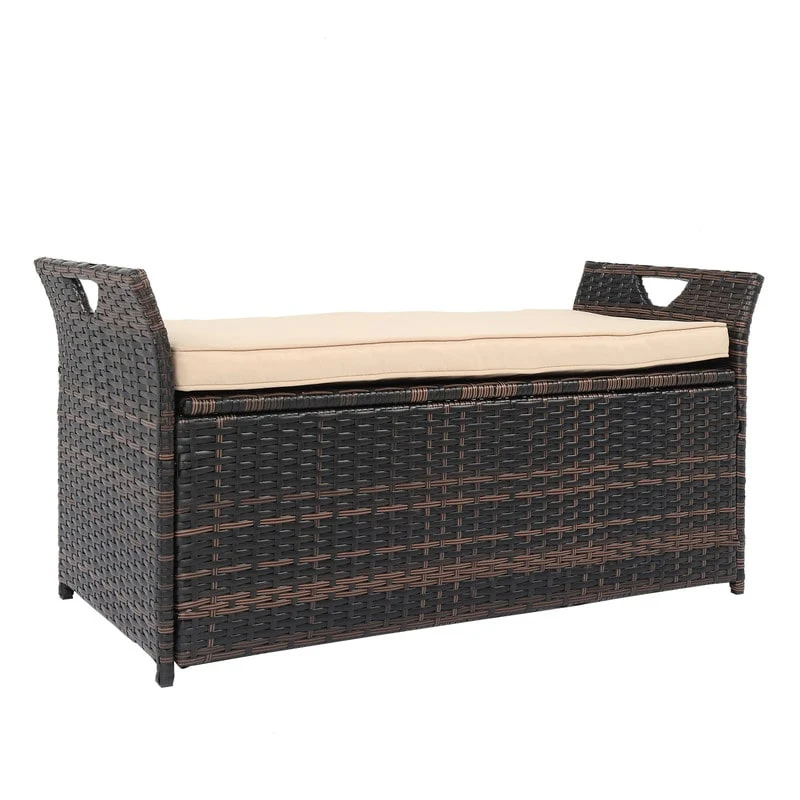 Patio Garden Brown PE Rattan Wicker Storage Bench with Cushion