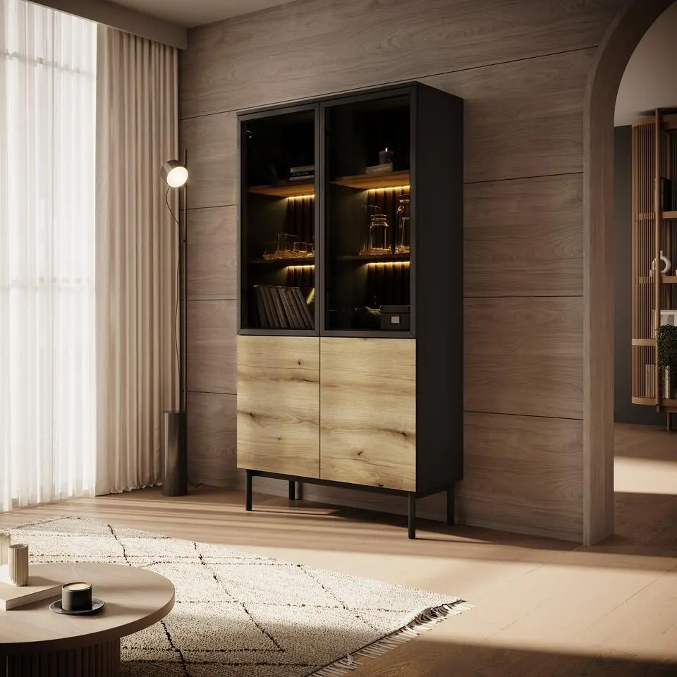 Meubella - Vitrinekast Ludwig - Zwart - Eiken - 100 cm - Hoog