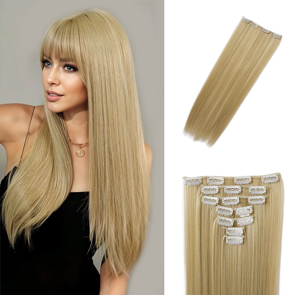 SHEONLY 7Pcs Clip in Hair Extensions Blonde Gold Straight Long Extensions for Women