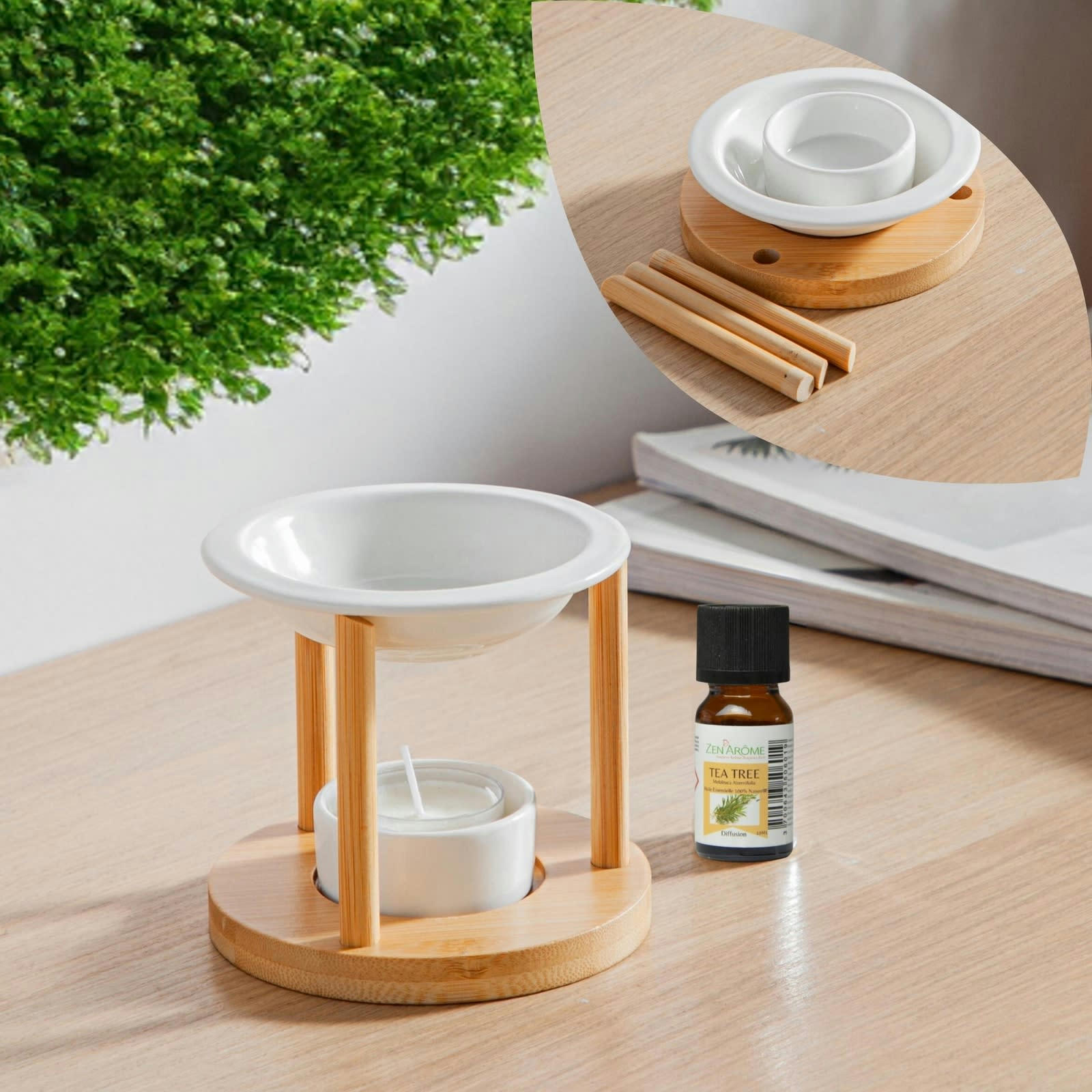 SIMPLICITY - Brûle parfum athena en bambou et céramique blanche - H10cm