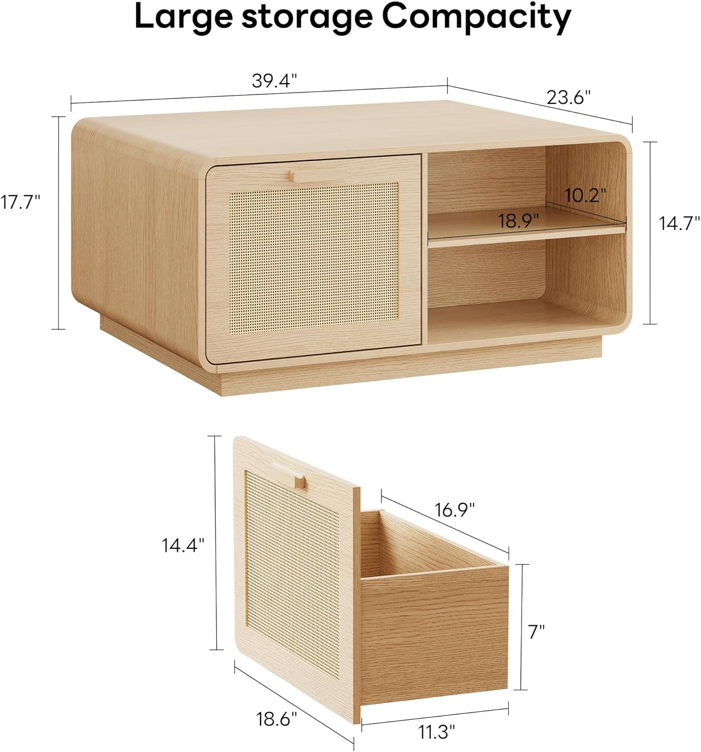 LIKIMIO 39.4 Rattan Coffee Table with Storage Drawers, Safety Curved Corners & 4-Tier Adjustable Shelves, Sturdy Base, Wood Center Table for Living Room, Natural