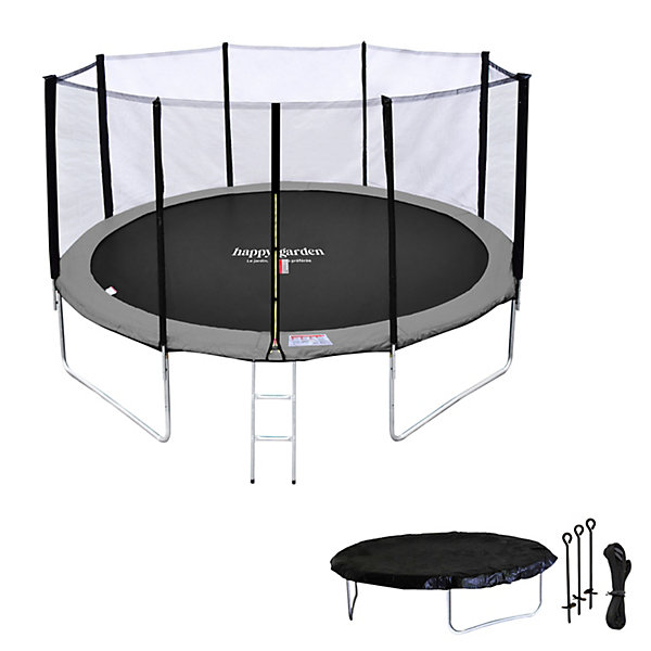 Pack Premium Trampoline 370cm réversible rose / gris PERTH   filet, échelle, bâche et kit d'ancrage - HAPPY GARDEN