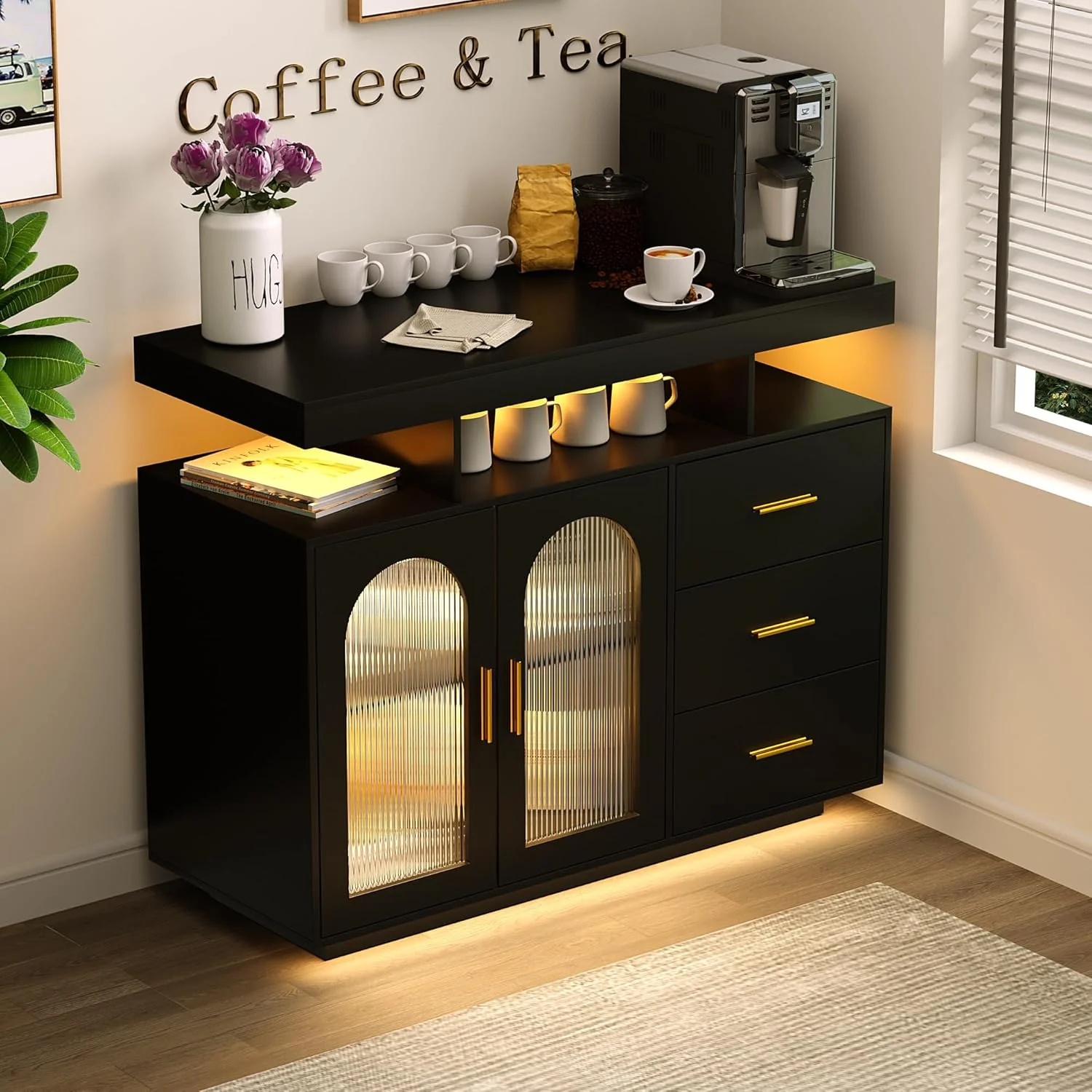 Bar Cabinet Kitchen Storage Cabinet with RGB Light, Human Sensor Design Sideboard Buffet Cabinets, Wood Coffee Bar Table with Shelf Capacity (Black)