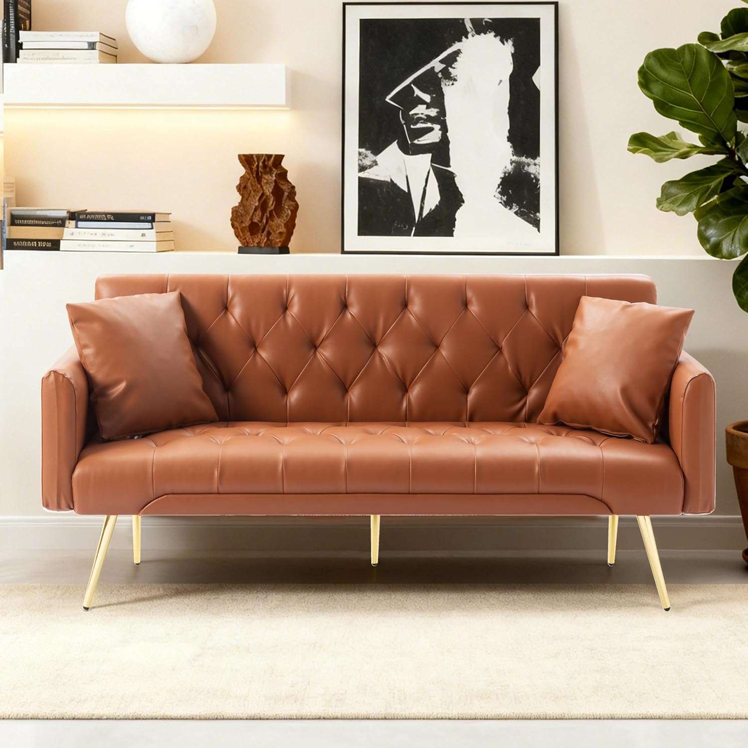 Anwick 72 Modern PU Leather Sofa Bed Futon,Convertible Folding Sleeper Bed Couches with 3 Adjustable Backrests,Tufted Recliner Loveseat with Golden Chrome Legs for Small Living Room Office (Brown)