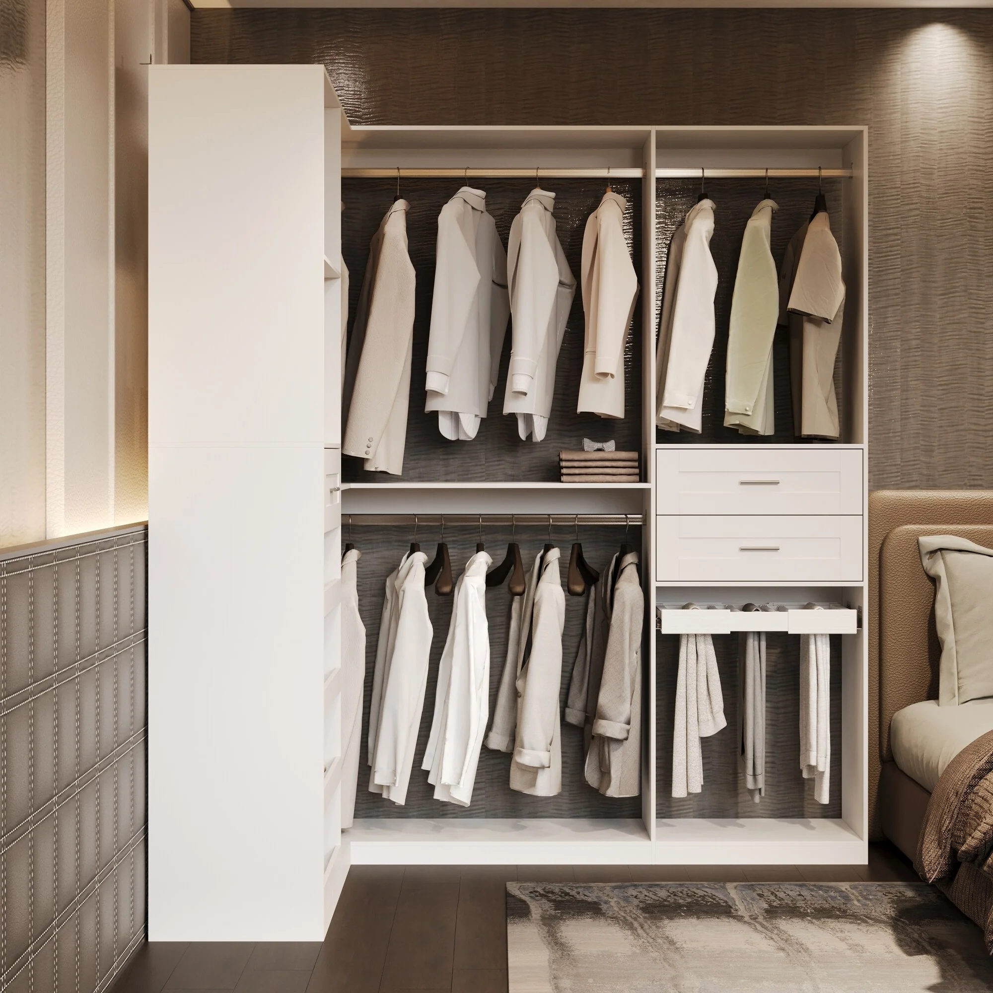 Corner Wardrobe Closet with 2 Hanging Rods, Pants Rack, and Shoe Storage Organizer Armoires