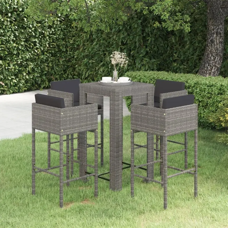 vidaXL - Tuinbarset - Grijs - Poly rattan - 5 stuks - Met kussens