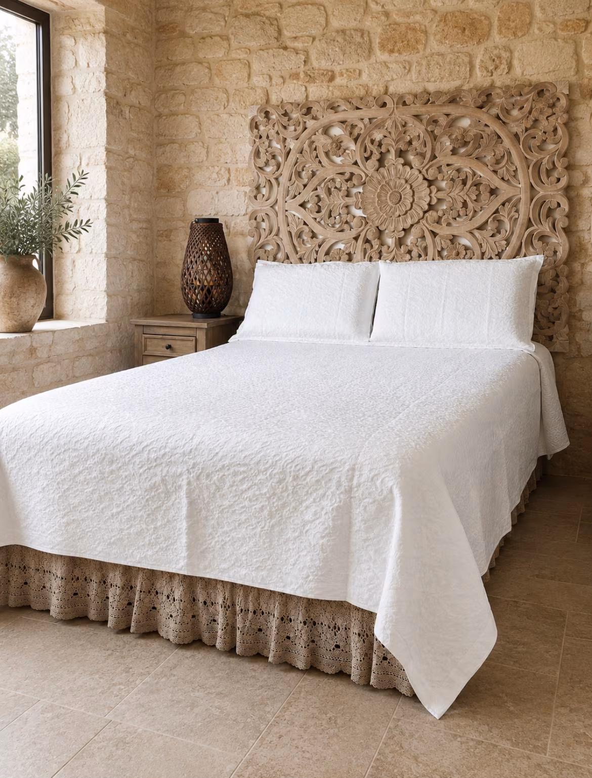 Antique Italian King Size Cotton Bedspread with Matching Cushion Covers