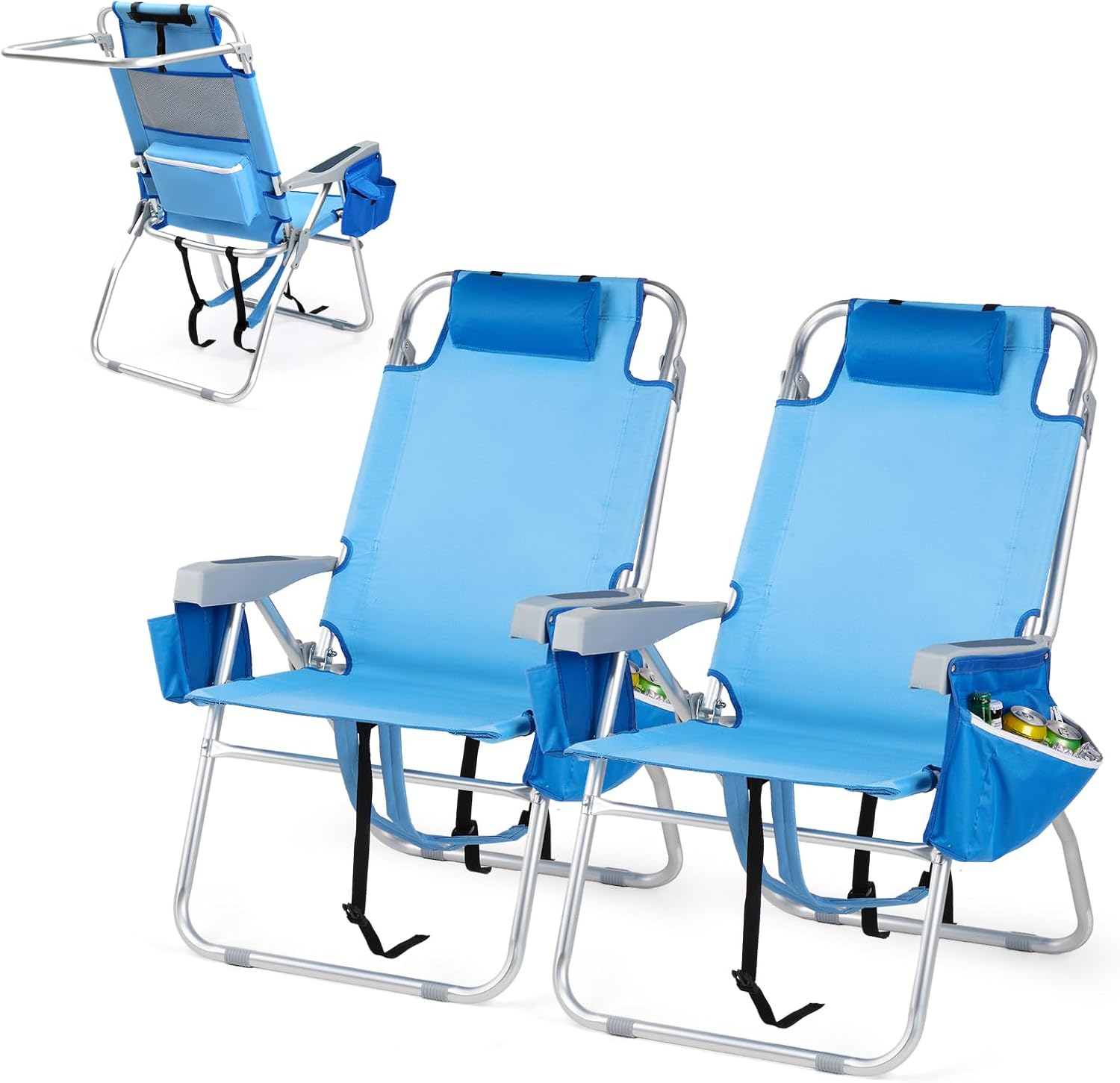 VINGLI Tall Beach Chair 2 Pack Lightweight, Backpack Beach Chair for Adults with 5-Position, Cooler Bag, Cup Holders, Towel Bar, Folding Beach Camping Chairs（16“-Blue）